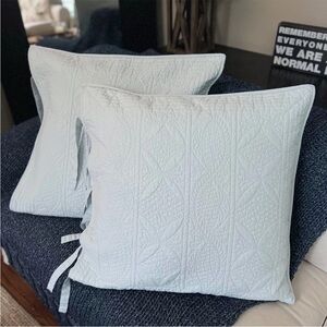 2 Pottery Barn Hanna Quilted Cotton/Linen Pale Blue EURO 26" Shams Tie Embroider